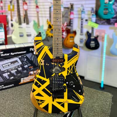 EVH Limited Edition Striped Series Frankenstein Frankie, Maple Fingerboard, Black with Yellow Stripes, Aged image 1