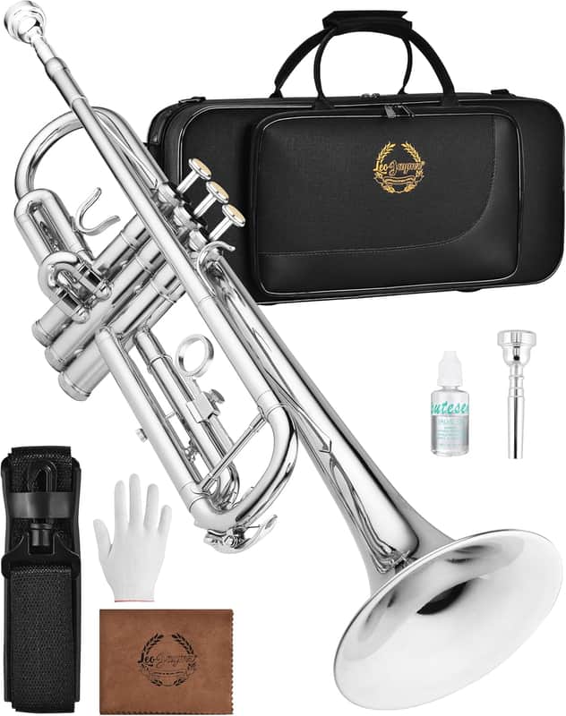 Bb Trumpet for Beginners, Brass Student Trumpet Kit with Case, 7C Mouthpiece, Cleaning Kit, Standard B Flat Instrument - Nickel image 1