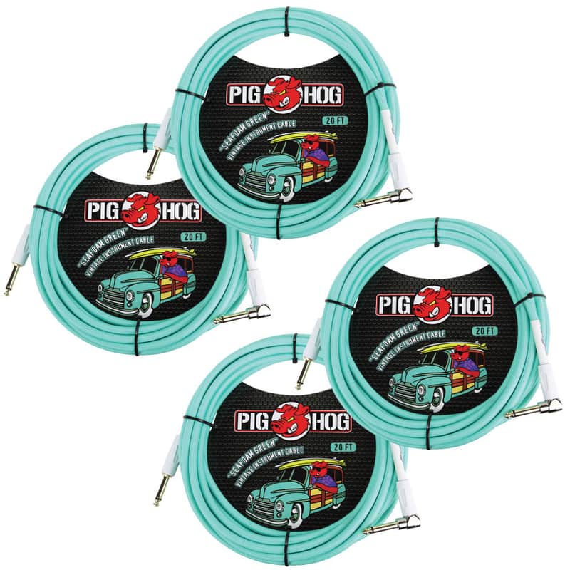 4 - Pack Pig Hog PCH20SGR Right Angle Vintage Woven Instrument Guitar Cable 20ft Seafoam Green - NEW image 1