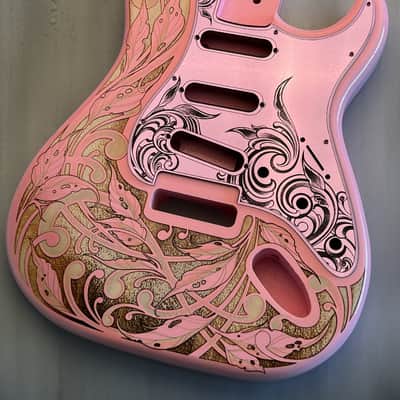 Pink Fender Strat Guitar Body Custom Laser Engraved Lavender Mirror Pickguard with Tremolo Cover HSH, HSS, SSS Setup Available image 7