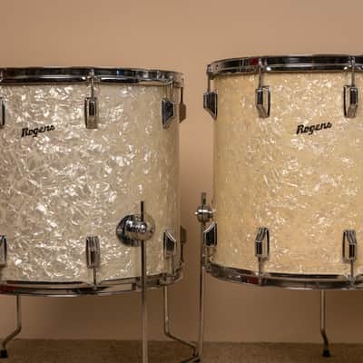 Vintage Rogers White Marine Pearl Drum Set 14x24 9x13 16x16 and 16x18 image 2