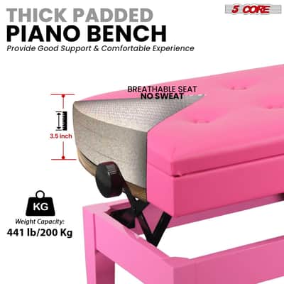 5 Core Duet Piano Bench 3.5 Inch Padded Cushioned Stool Wooden Heavy Duty Musician Chair Height Adjustable Double Keyboard Seat w Storage Nonslip Pink - PNB DT PNK-Pink image 2