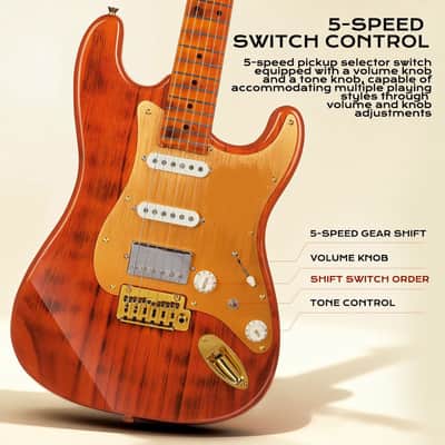 Electric Guitar with Tiger Stripe Flamed Maple Top & Gold Pickguard, Solid Body Electric Guitars for Adults image 3