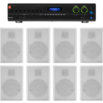 JBL 2-Channel Amplifier+(8) Slim White Wall Speakers for Restaurant/Bar/Cafe image 1