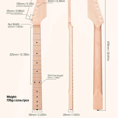 Electric Guitar Neck, 12"-16" Compound Radius, Canadian Hard Maple Neck & Fretboard, 22 Stainless Steel Frets (2.4x1.4mm), Oiled Bone Nut 42mm, Matte Finish image 2