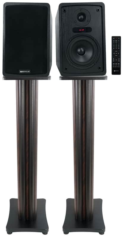 Rockville ELITE-5B 5.25" Bookshelf Speakers w/Bluetooth+36" Dark Wood Stands image 1
