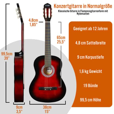 3rd Avenue Full Size 4/4 Classical Guitar Spanish Nylon String Beginner Pack Bundle - 6 Months FREE Lessons, Bag, Strings – Red image 2