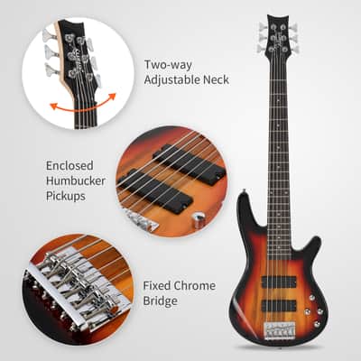 Glarry Full Size GIB 6 String H-H Pickup Electric Bass Guitar Bag Strap Pick Connector Wrench Tool 2020s - Sunset Color image 9
