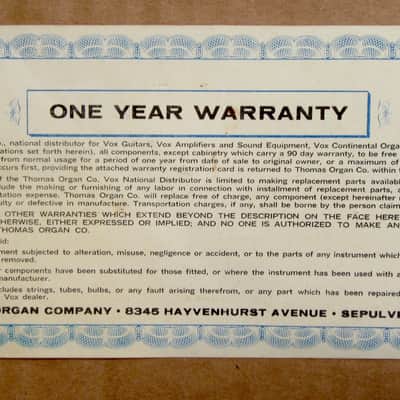 Vox Beatle Guitar or Bass Warranty Card Hang Tag 1965-1970 image 2