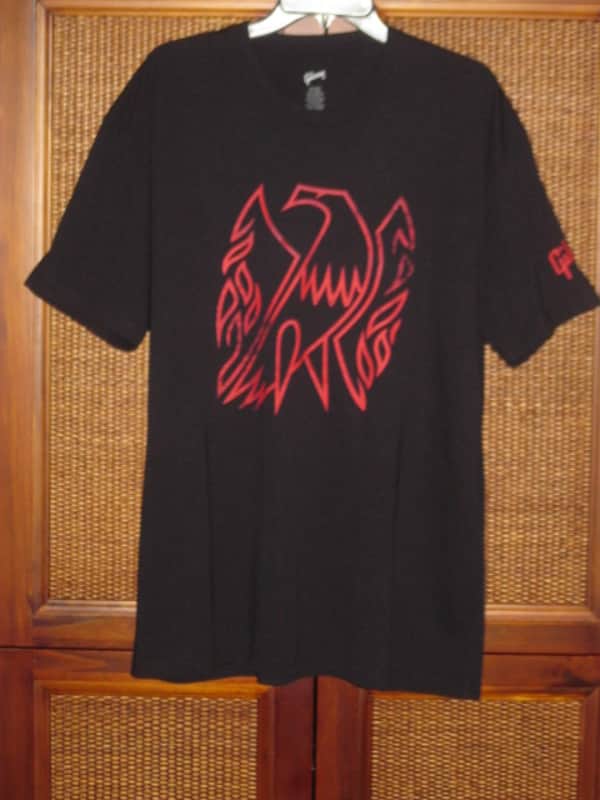 lightly worn genuine Gibson Firebird T-Shirt XL (X-Large), Black with Red Graphic, 60% Cotton / 40% Polyester - short sleeve GIBS-GA-FBBMXL (GA-FBBMXL) UPC # 711106533919, part of back neck area & right shoulder were re-stitched image 1