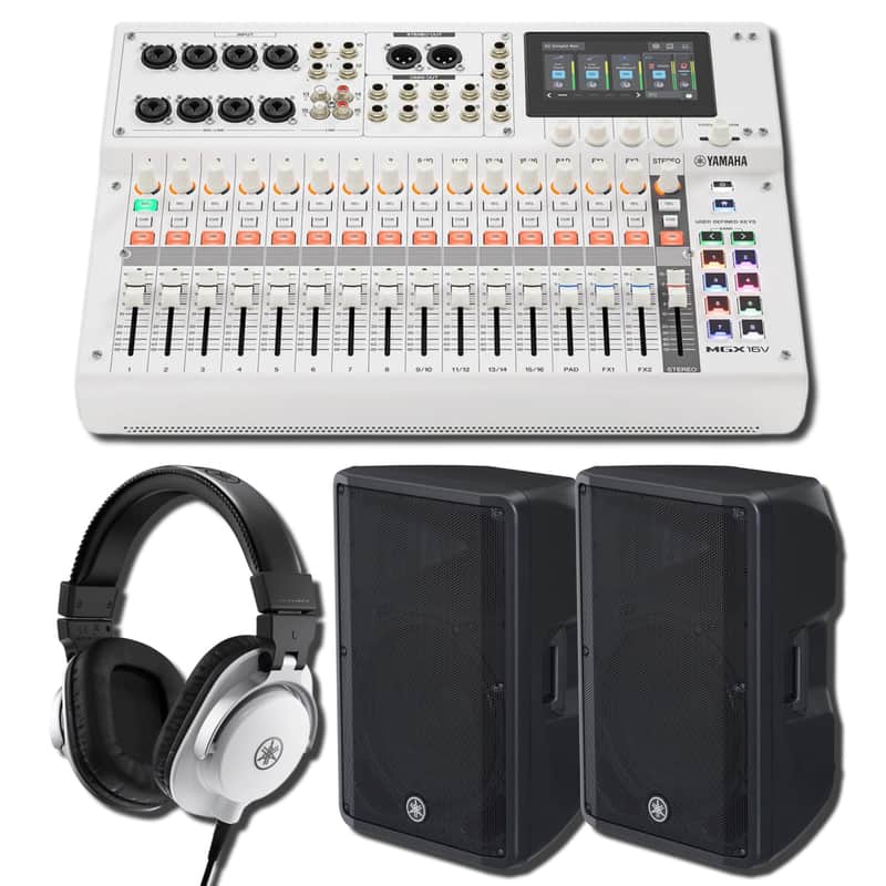 Yamaha MGX16V W 22-Channel Digital Mixing Console All-White Streaming PA Bundle with Two DBR15 15-Inch 1,000W Powered Loudspeakers and HPH-MT5W White Studio Monitor Headphones image 1