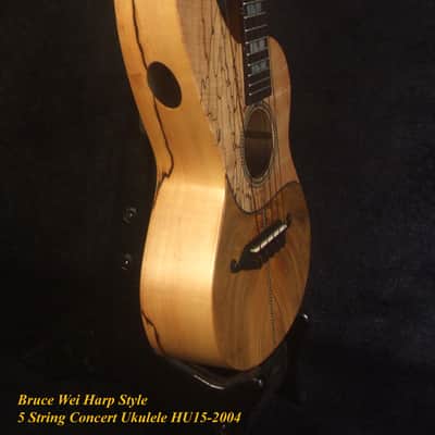 Handmade 5 String Harp Style Concert Ukulele, Solid Spalted Curly Maple, Taiwania , MOP Inlay, Bruce Wei HU15-2004 image 5