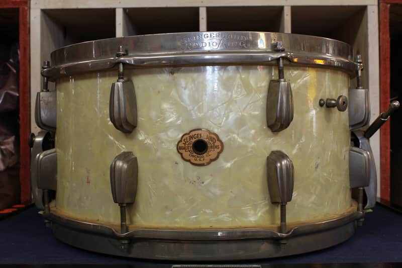 1940s Slingerland 7x14 Radio King Snare Drum in White Marine Pearl image 1