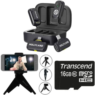 Hollyland LARK A1 Combo 2-Person Wireless Microphone System with USB-C and Lightning Connectors for Mobile Devices (Space Gray, 2.4 GHz) + Vivitar compact Selfie Video Tripod + 16GB Transcend MicroSD Memory Card with Adapter image 1
