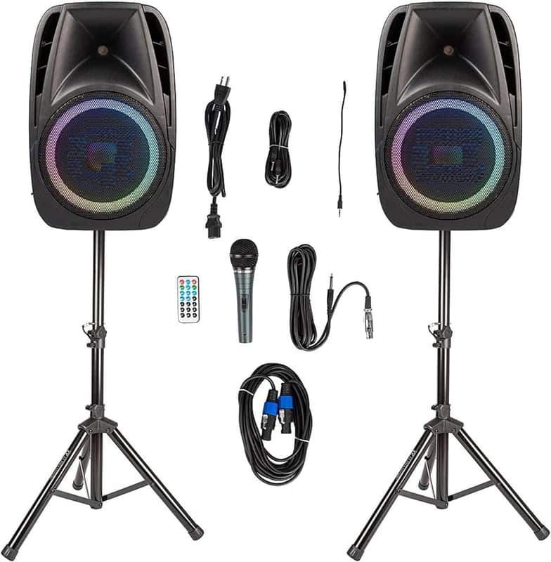 Pair All-in-one 12" Powered 1500W PRO DJ Amplified Loud Speakers with Bluetooth USB SD Card AUX MP3 FM Radio PA System LED Lights Karaoke Mic Guitar Amp 2 Tripod Stands Cable and Microphone image 1
