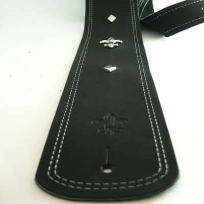 Tricked Out Leather- Black Leather -Guitar Strap- Fleur de Lis Conchos Silver Diamonds image 3