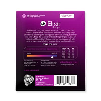 Elixir Nanoweb 80/20 Bronze 12-56 Acoustic Guitar Strings [11077] image 3
