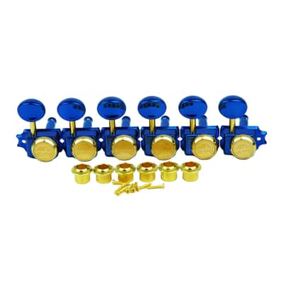 Guyker 6 Inline Vintage Guitar Lock String Tuners – Locking Tuning Key Pegs Machine Heads Replacement Parts for ST TL Style Electric, Folk or Acoustic Guitars – GK55SP, Blue+Gold image 1