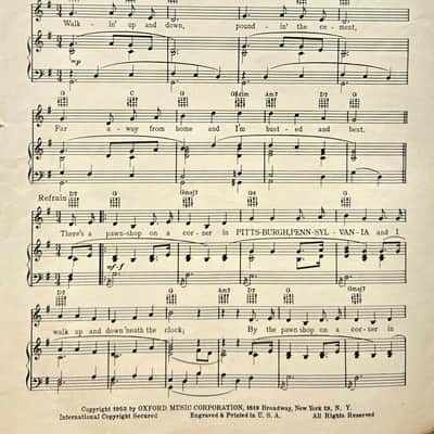(USED/VINTAGE Sheet Music) There's a Pawn Shop on a Corner in Pittsburgh, Pennsylvania - PIano/Vocal/Guitar image 2