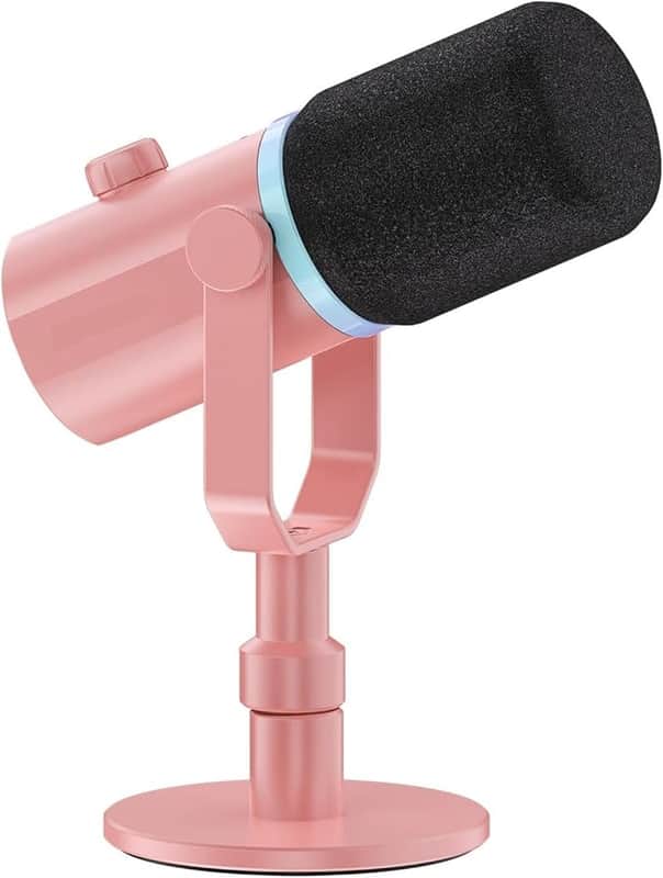 XLR USB Dynamic Microphone with Desktop Stand Gifts for Podcast Recording PC Computer Gaming Streaming Vocal Voice-Over, Studio Metal Mic, RGB Light, Mute Button, Headphones Jack (Pink) image 1