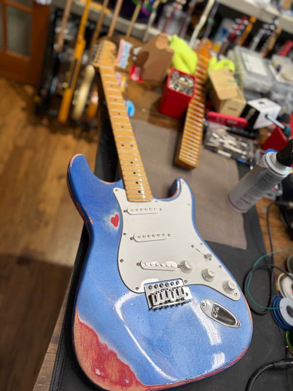 Fender American Stratocaster Neck 2026 - Red White undercoat with 2k imperium blue sparkle relic image 1
