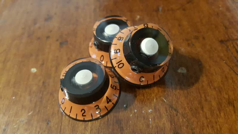 JAT CUSTOM GUITAR PARTS 3 Top Hat Knobs with set screw for smooth shaft pots. Orange / Black / Cream image 1