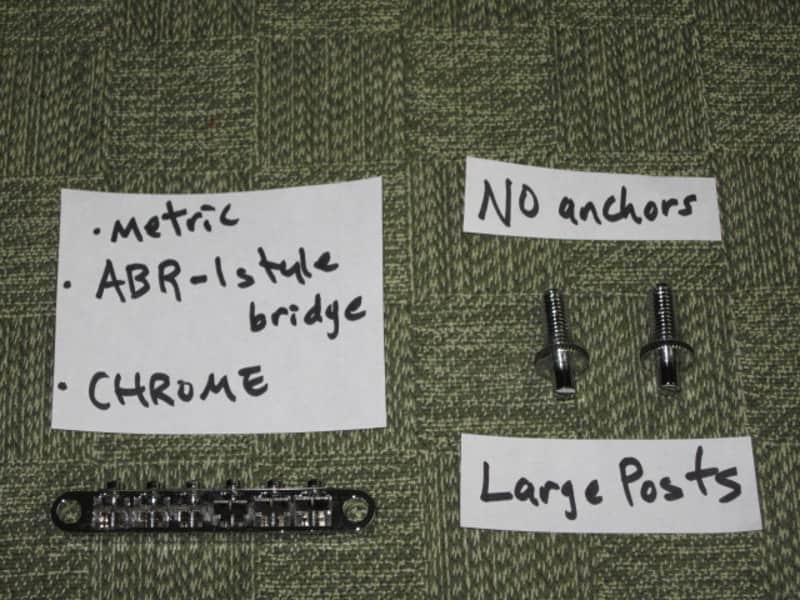 lightly used Epiphone B-2 metric ABR-1 vintage style bridge, wired,  CHROME, large posts mounting pieces (NO anchors) 1990s/2000s (for some import guitars that use this style bridge) will NOT fit on Gibson - mounting holes are too big image 1