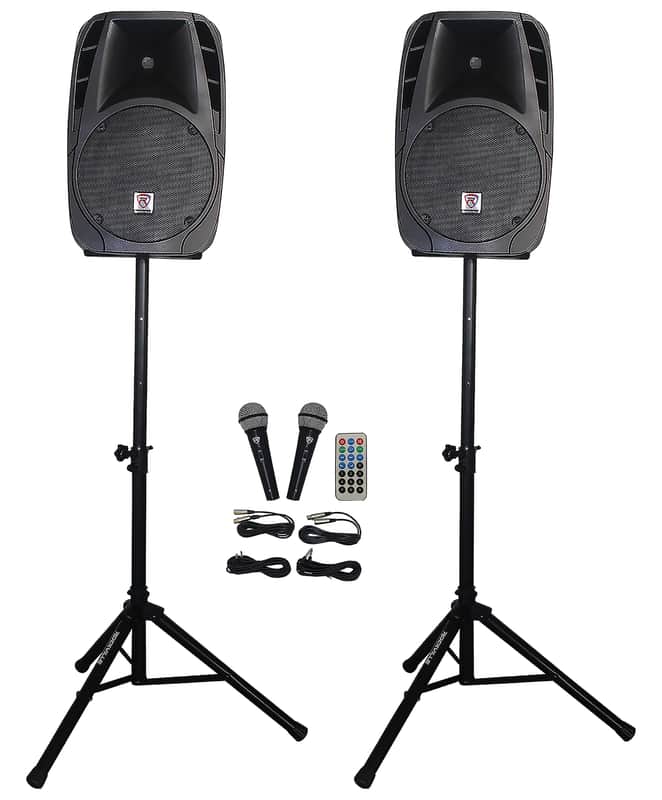 Pair of Rockville Package 12" 1400 Watts Passive DJ PA Speakers+(2) Stands+(2) Mics+Cables image 1