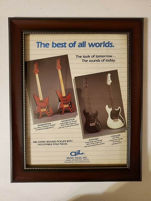 1984 G & L Guitars Promotional Ad Framed G & L Interceptor, Skyhawk, And Cavalier Electric Guitars Original image 1