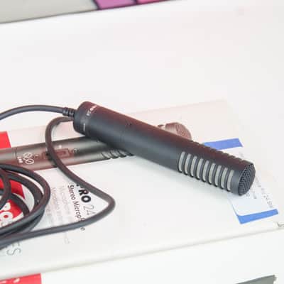 Used Audio Techhnica Pro 24 Stereo Condensor Microphone X-Y Configuration w/ Box & windscreen, & mic clip. Attached TRS 1/4 Cable image 2