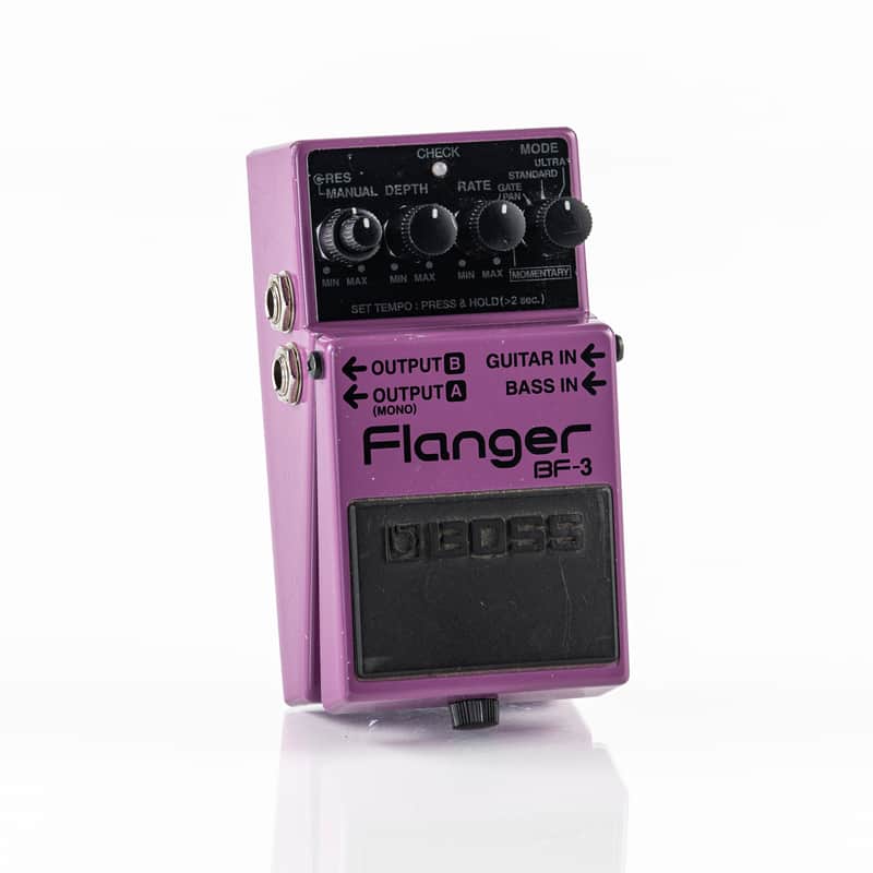 Purple Boss Flanger pedal with black knobs and front panel.