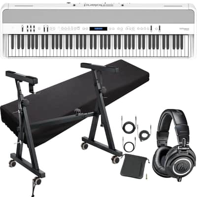 Roland FP-90X Digital Piano (White), Donner Stand, Z-style, Audio Technica ATH-M50X, Cover Bundle