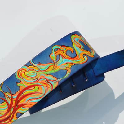 Burny Black handmade guitar strap leather - phoenix red/blue made to order - oil image 13