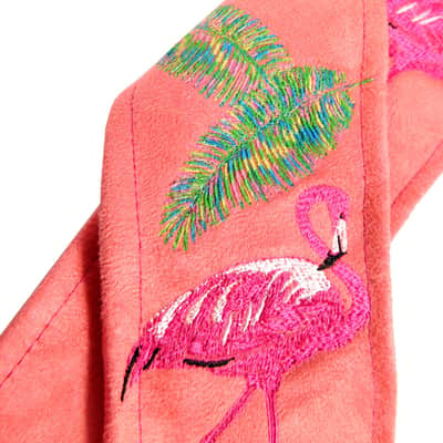 Embroidered Flamingos Guitar Strap on Coral Ultrasuede Artisan Handmade One of a Kind image 3