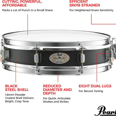 Pearl 13x3" Black Steel Effect Piccolo Snare Drum - Black (S1330B) image 2