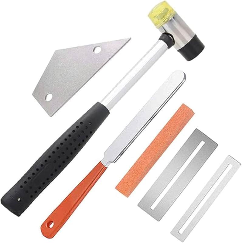 6 Pack Guitar Luthier Tool Kit Include Guitar Fret Crowning File, Double Headed Guitar Bass Fret Wire Rubber Hammer, Stainless Steel Fret Rocker, 2 Fingerboard Guards Protectors and Grinding image 1