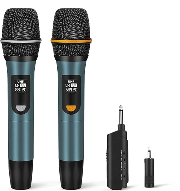 Wireless Microphones, UHF Metal Rechargeable Cordless Dynamic Mic System with Auto-Connect Receiver, 160ft Range Professional Wireless Microphone for Karaoke, Party and PA System image 1