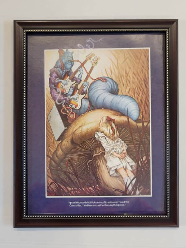 1975 Color Fender Promotional Ad Framed Stratocaster/Precision Bass Alice In Wonderland Original image 1