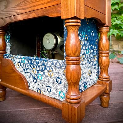 Rotary Connection 1x12 loaded semi open guitar speaker cab / side table! Vintage Rola 12” 8 ohm 25 watt speaker. Solid oak hardwood. Unique one off / one of a kind cab. Crazy 3D geometrical cloth. 2026 - Wood image 7