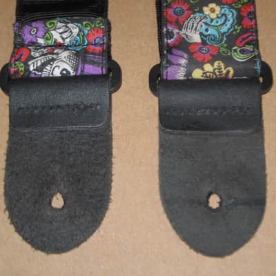 lightly used Perri's 2" Floral Skulls Jacquard Guitar Strap, TWS-7274, Floral Skulls High Quality Jacquard Ribbon Sewn on Tubular Webbing with Leather Ends, Adjustable length 39" to 58" (from early 2020s) image 11