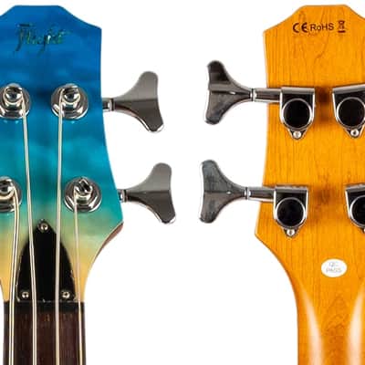 Flight Mini Bass (TBL) Solid Body Transparent Blue New - gradient blue finish on a quilted maple top image 7