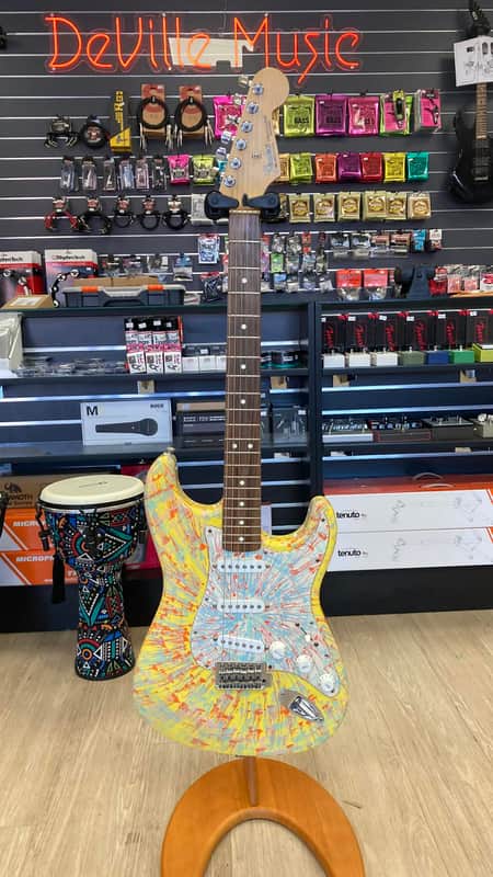 Fender FSR "Splattercaster" Standard Splatter Stratocaster with Rosewood Fretboard 2003 - 2004 - Graffiti Yellow, Dakota Red, Orange, Sage Green Metallic, and Blue Agave Swirl over Olympic White image 1