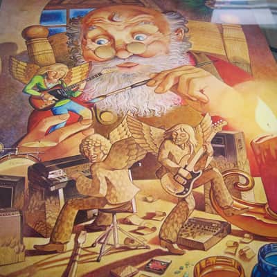 Fender Telecaster, Precision Bass, Rhodes & Twin Reverb Authentic Vintage Poster Christmas Campaign "Hark the Herald Angels Play" Artist Endicott Circa-1970's-Multi Color image 1