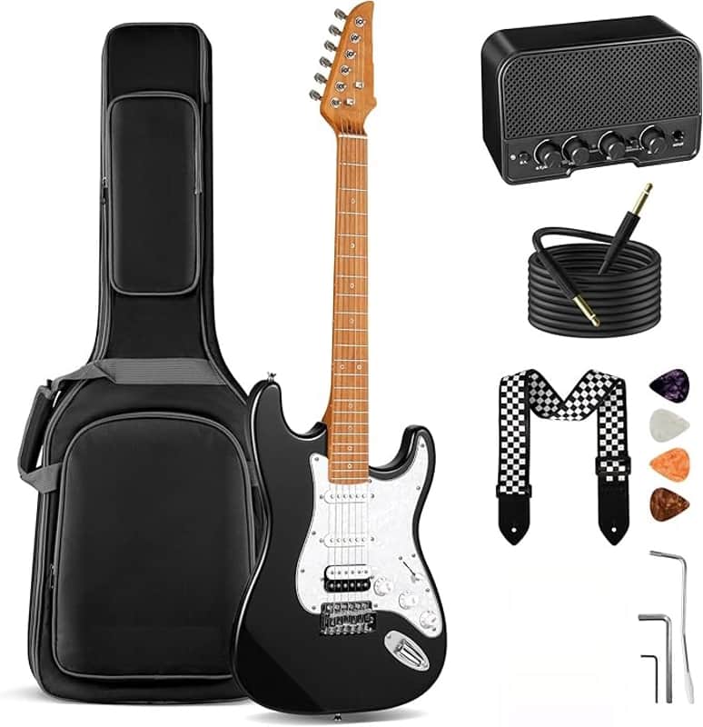 Electric Guitar Kit Beginner - 39in Guitar Set Adults with Roasted Maple Neck HSS Pickup Solid Okoume Body Electric Guitar with Gig Bag Amplifier Strap Strings Cable Picks Black image 1