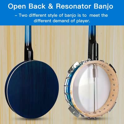 Banjo 5 String Full Size Banjoes Set, 38 Inch Beginner Banjo Kit with Resonator, Drum Head, Open or Closed Back, Gift Package Free Lessons Starter Accessories for Adults Teenager, Blueburst image 2