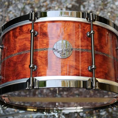 HHG drums 14x7 Bubinga, Tulipwood, Maple  2021 High Gloss Natural Lacquer, Herringbone Inlay, Black Nickel Hardware image 2