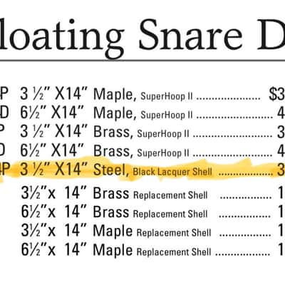 PEARL DRUMS  3-1/2” x14” Free Floating Steel Shell  Piccolo Snare Model number SL-8114P 1997 - Black image 13