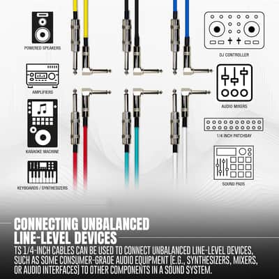 1/4" Right Angle Amp Cords for Bass & Electric Guitar - Premium OFC Copper Wire | 20ft Right Angle to 1/4 Inch TS Straight Instrument Cable Pack| Multi-Color Amp Cables (20ft, 6 Pack) image 2