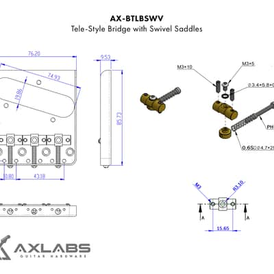 AxLabs Tele-Style String-Through Bridge | Brass Swivel Saddles - Black image 2