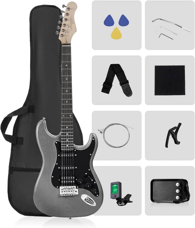 Electric Guitar Kit with Amp & HSS Pickups | Complete Starter Set for Newcomers w/Essentials | Gig Bag, Extra Strings, Tuner, Capo, Strap | Home Practice (Black) image 1